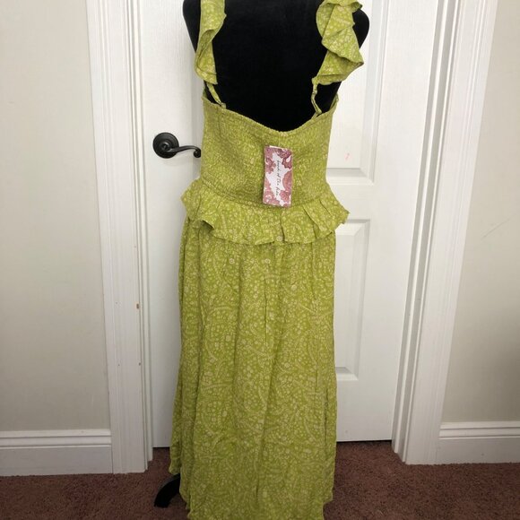 Land Of The Bee Lime Ivory Dress With Floral Pattern & Ruffle Trim Size Large - Picture 5 of 10